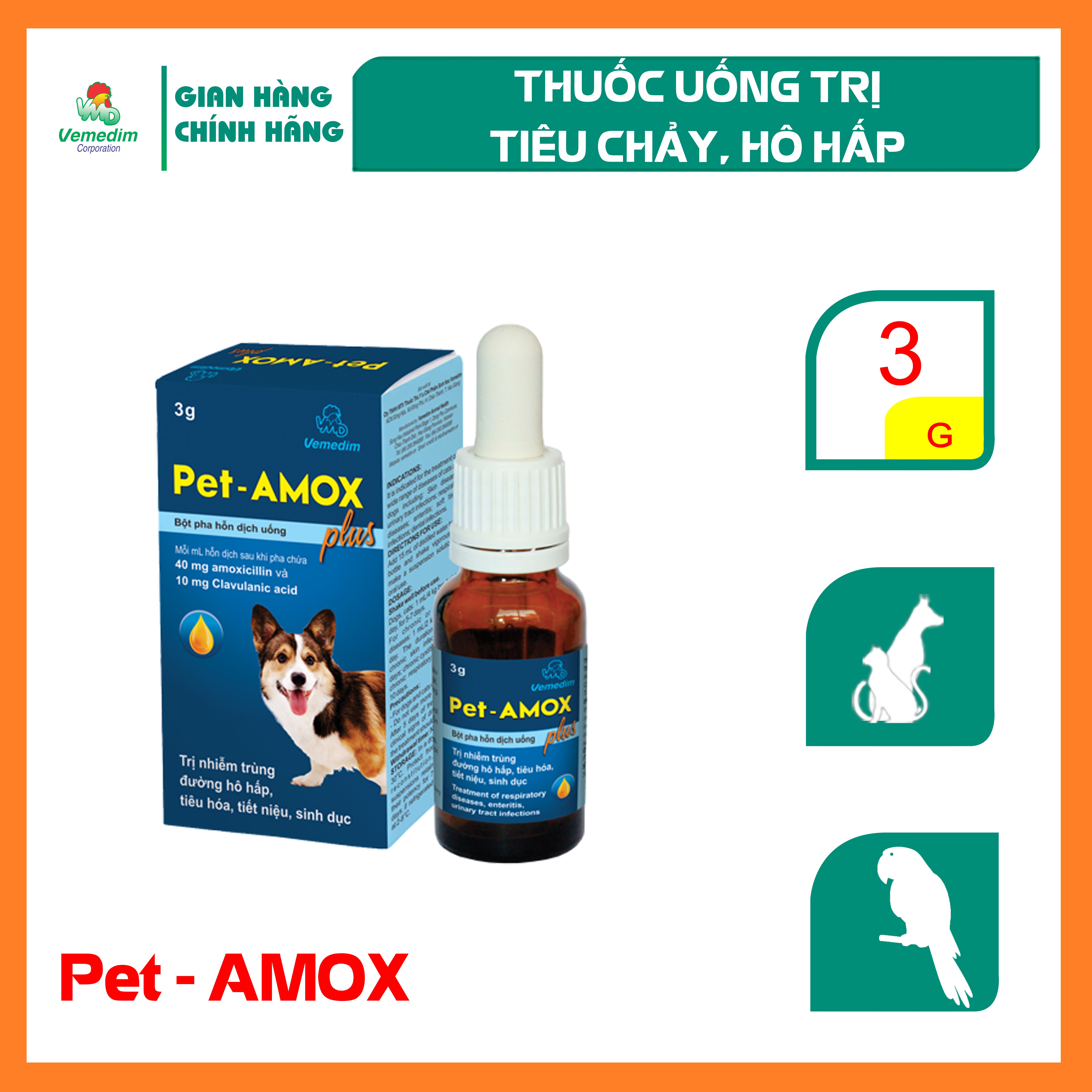 "Hoàn tiền đến 10%" Vemedim Pet Amox Plus dùng cho chó mèo, chim cảnh bị hô hấp, lọ bột 3g