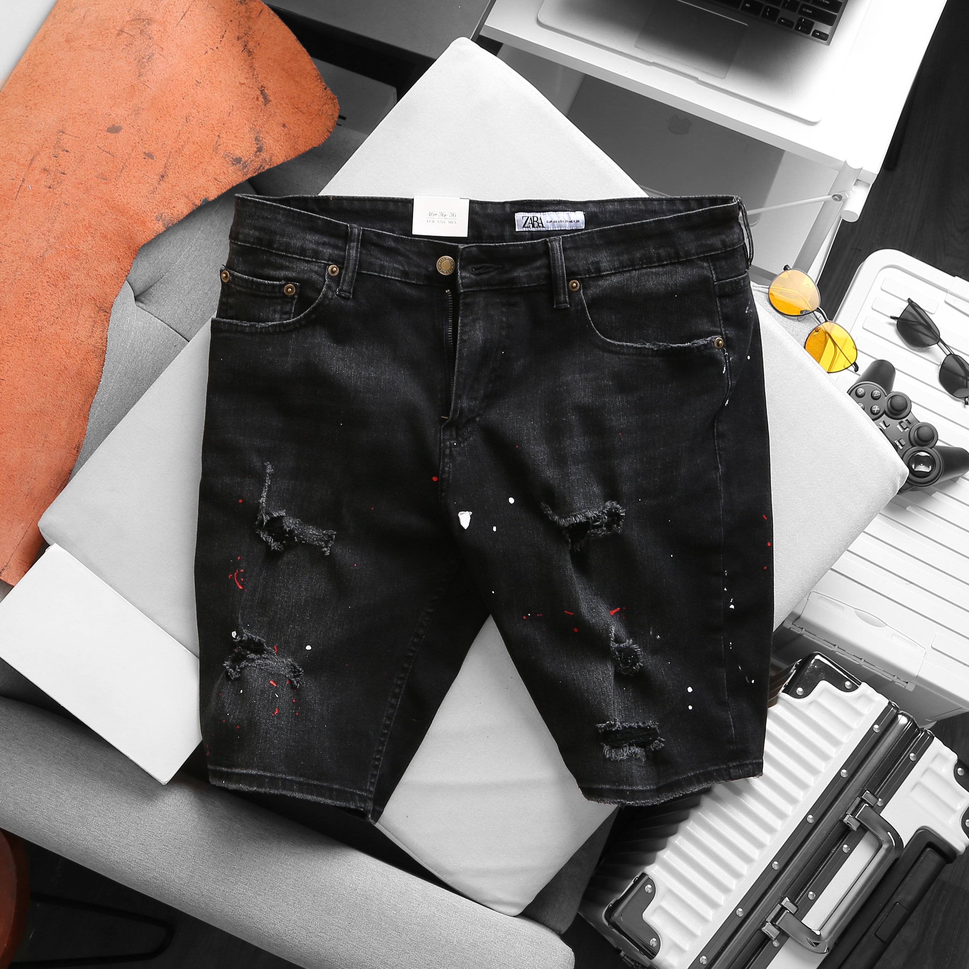 Quần short jean màu đen rách bigsize nam
