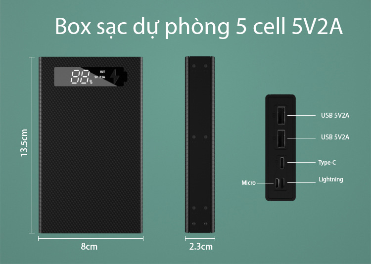 Box sạc dự phòng 5 cell pin 18650 5V2.1A-10W tháo lắp dể dàng để thay pin