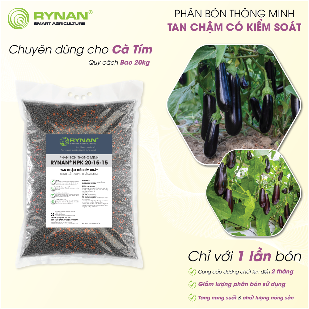 Phân Bón Tan Chậm Dùng Cho Cà Tím RYNAN® NPK 20-15-15 (BAO 5kg/20kg)