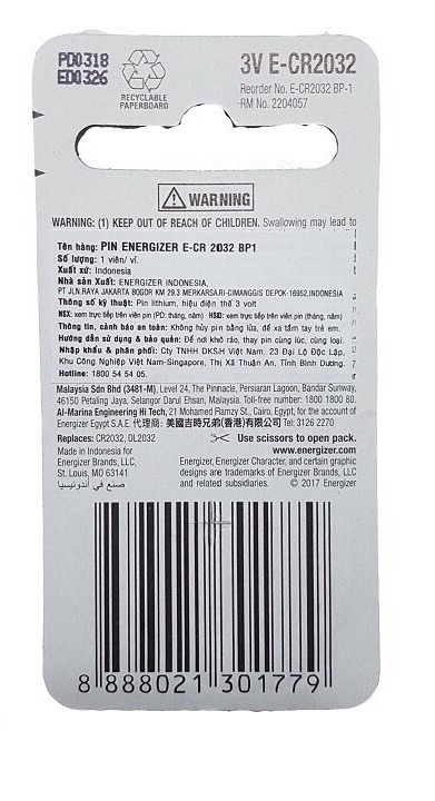 Pin CR2032 ENERGIZER Lithium 3V Vỉ 1 viên - CE2032 ENERGIZER