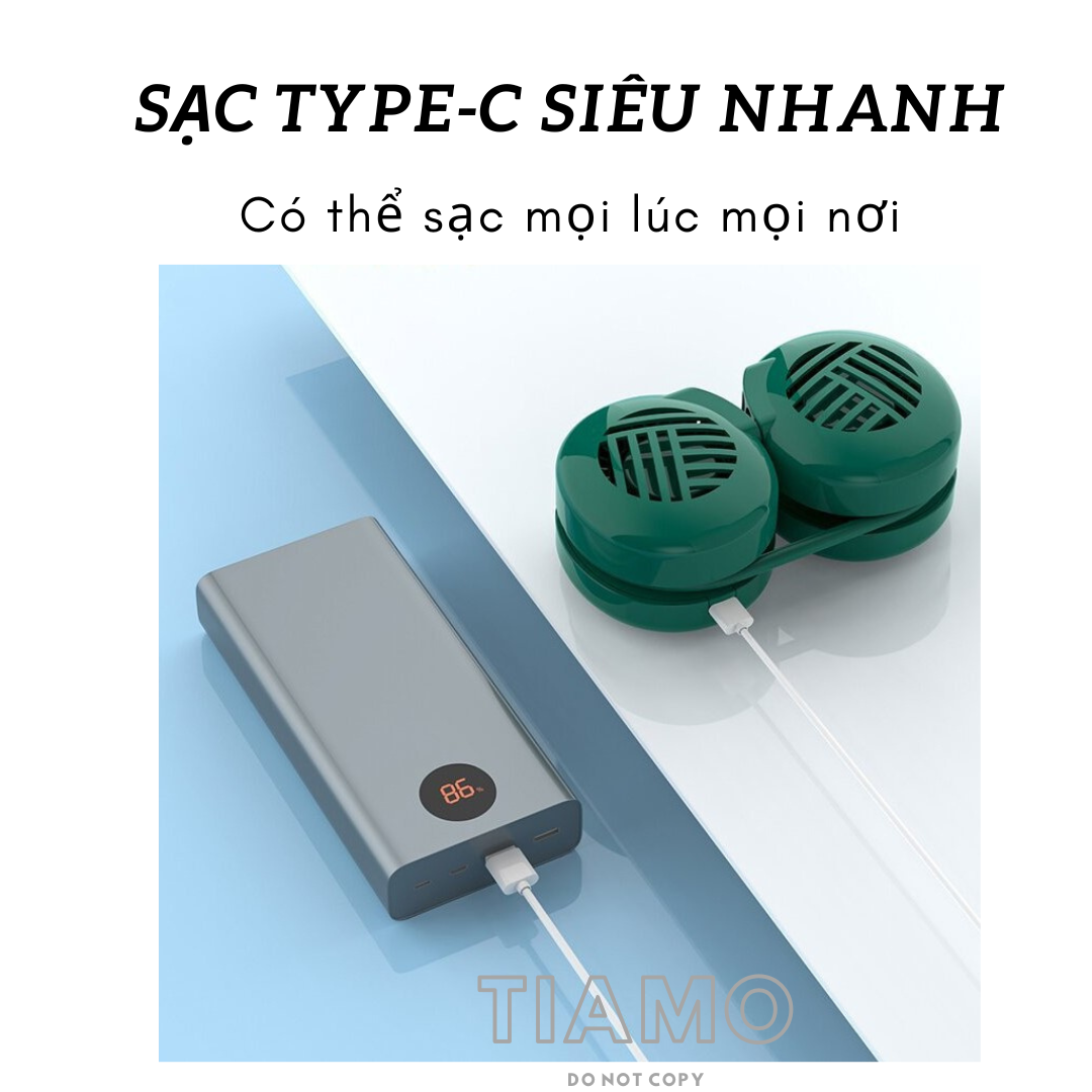 Quạt Mini Đeo Cổ Không Cánh Cao Cấp Gió Đảo Chiều 360 Độ Siêu Hot, Quạt Quàng Cổ 3 Tốc Độ Gió Cực Mạnh Dây Sạc USB, Quạt Tích Điện Pin Trâu Quạt Đeo Cổ Nhỏ Gọn Tiện Lợi - TIAMO