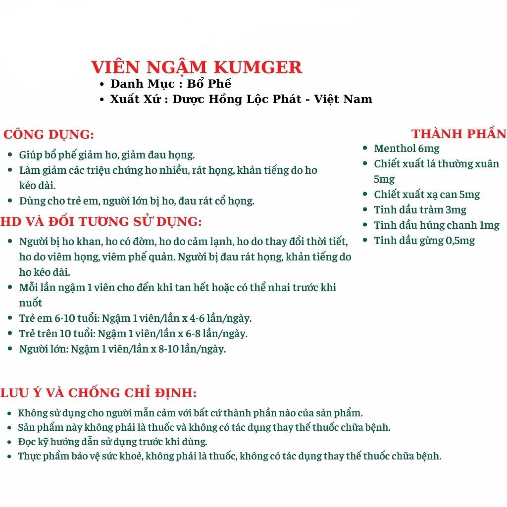Kẹo Ngậm Ho Kumger  hỗ trợ bổ phế, giảm ho, giảm đau họng (Hộp Lớn 100 Viên/Hộp)