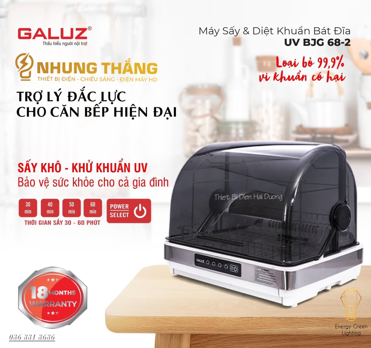 Máy Sấy Bát Đĩa Diệt Khuẩn Bằng Tia UV Galuz BJG-68-2 - Dung Tích 42L - Bảo Hành 18 Tháng