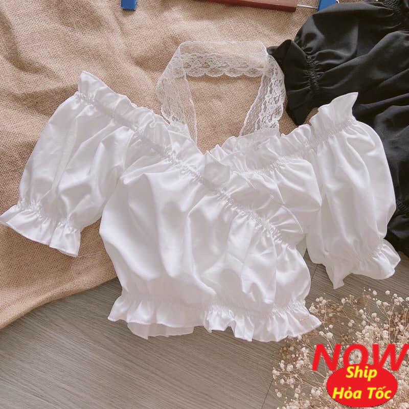 Áo croptop nữ kiểu bệt vai kate phối ren