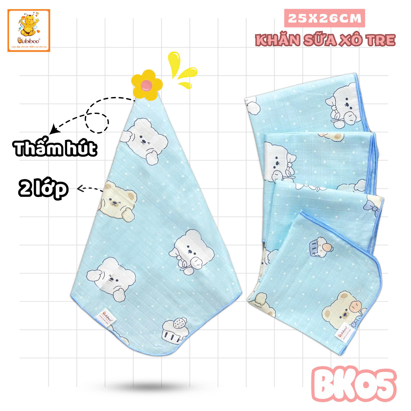 Khăn gạc sơ sinh BABIBOO khăn cho bé sơ sinh (SET 5 KHĂN) BK05