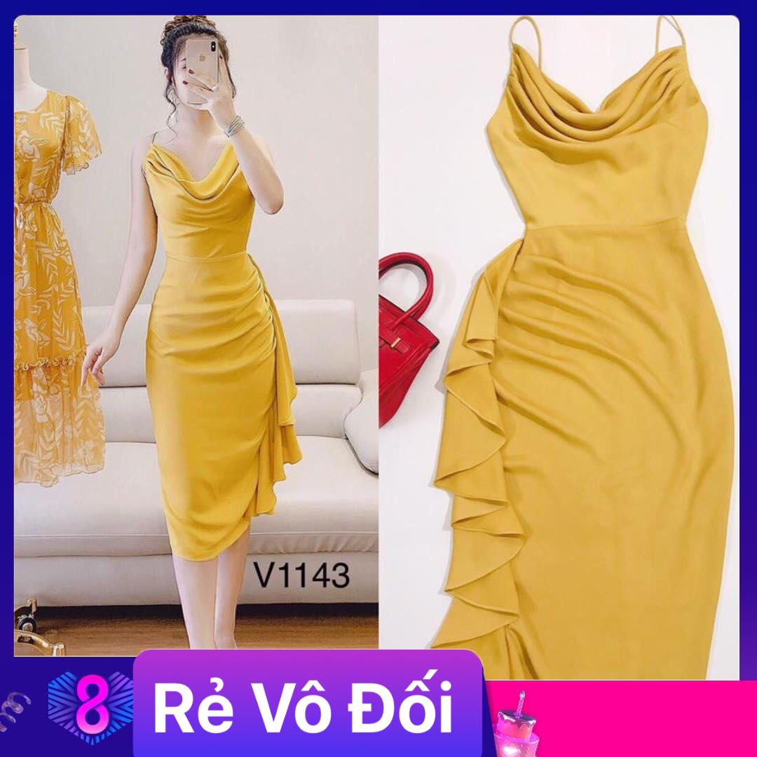 Đầm body 2 dây cổ đổ chất phi bóng freesize một màu vàng