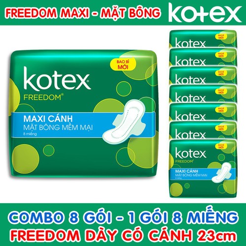 Combo 8 Gói Băng Vệ Sinh Kotex Freedom Maxi Dày Cánh Mặt Bông 23cm