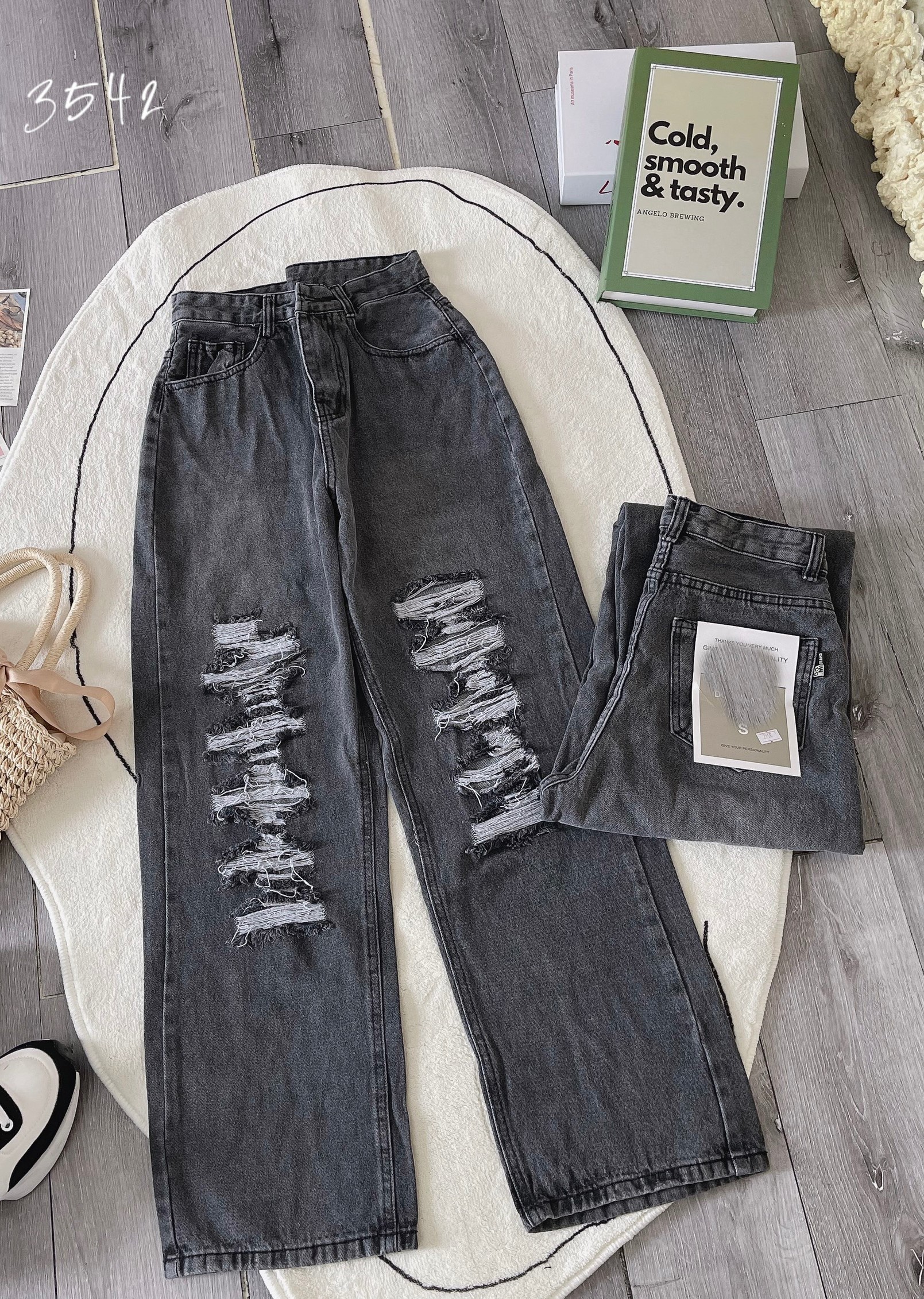 QUẦN JEANS ỐNG RỘNG NỮ LƯNG CAO RÁCH CÀO ĐÙI DÀI DỌC MÀU XÁM NHẠT LAI CUỐN ĐỈNH CAO HOT HIT NITI MỀM MỊN THỜI TRANG ORDM3542