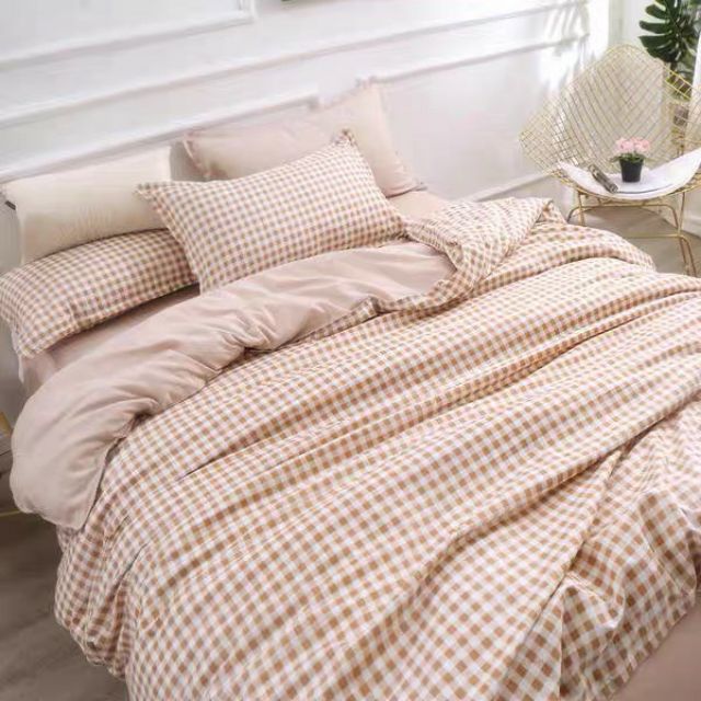Bộ Chăn Ga Gối Cotton Poly Caro Nâu Be