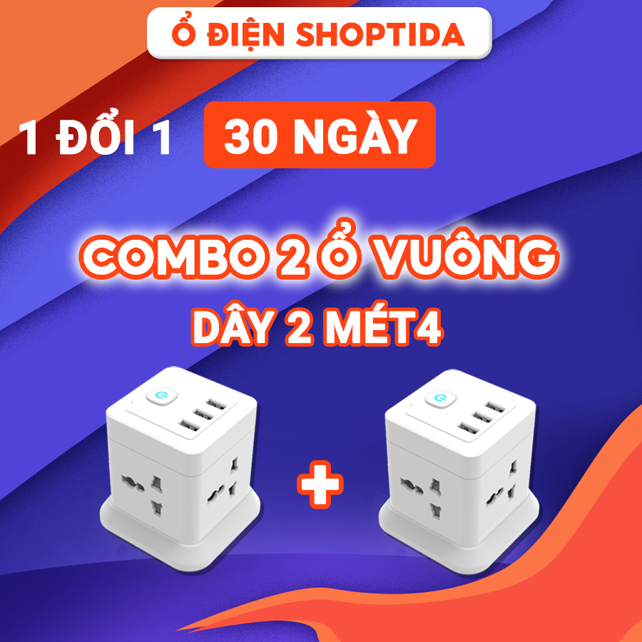 COMBO 2 Ổ Cắm Điện Đa Năng SHOPTIDA 2 Kiểu Dáng Cubez/ Workz/ K6 Ổ Điện 4-6 lỗ Cắm Chịu Tải 2500W Kèm 3 cổng USB Công Suất Tổng 12W Chất Liệu Nhựa An Toàn Chống Cháy, Các Lỗ Cắm Có Thanh Gạt Chống Giật, Dây Dài 1.6m đến 2.4m
