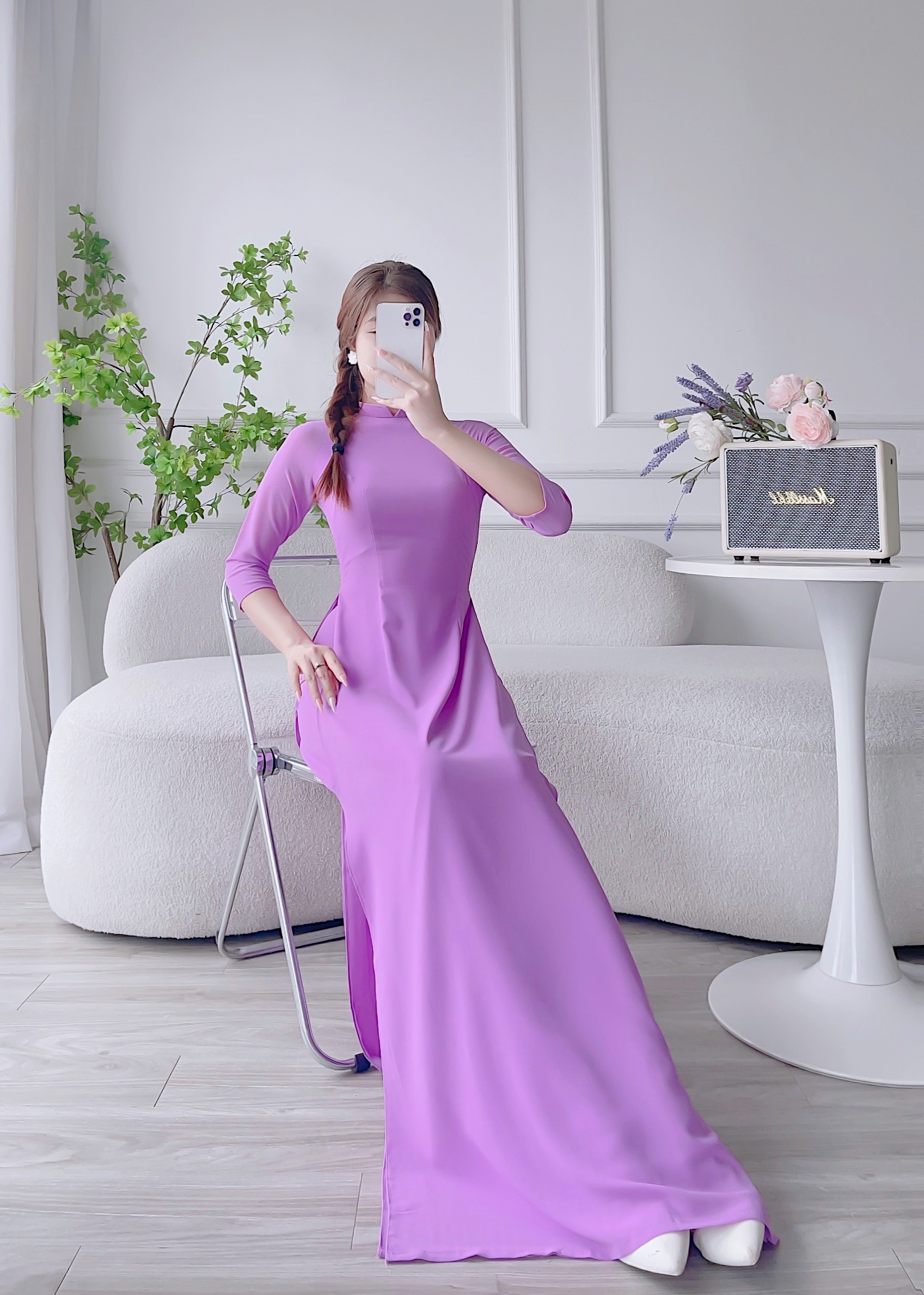 Áo dài tím, áo dài trơn lụa chi phông 4 tà MÃ T22