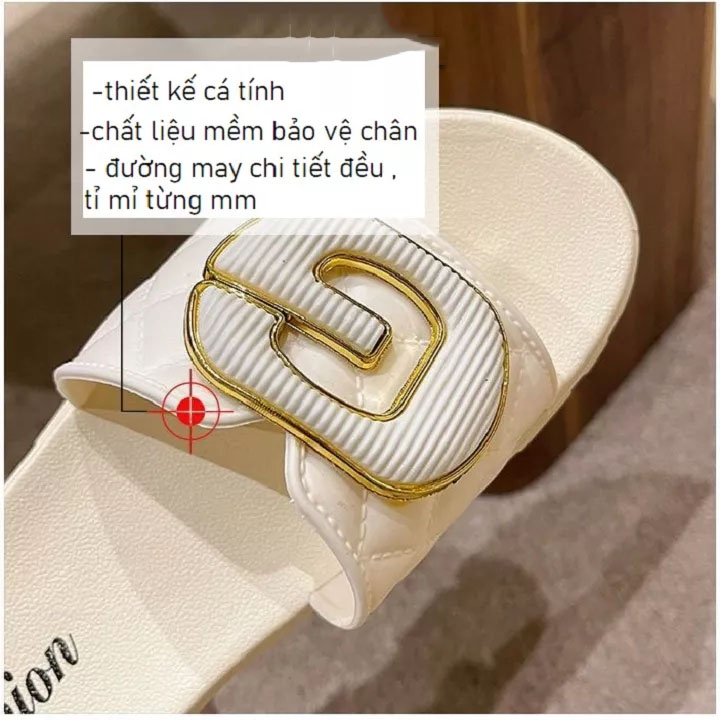 Dép nữ thời trang đính chữ đế bệt chống trơn trượt, Dép nữ quai ngang sang trọng siêu êm chân