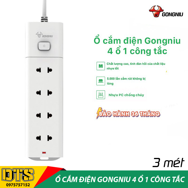 Ổ cắm điện an toàn cao cấp GONGNIU, ổ cắm điện đa năng 4 ổ 1 công tắc có dây 3m - Bảo hành chính hãng 3 năm 1 đổi 1