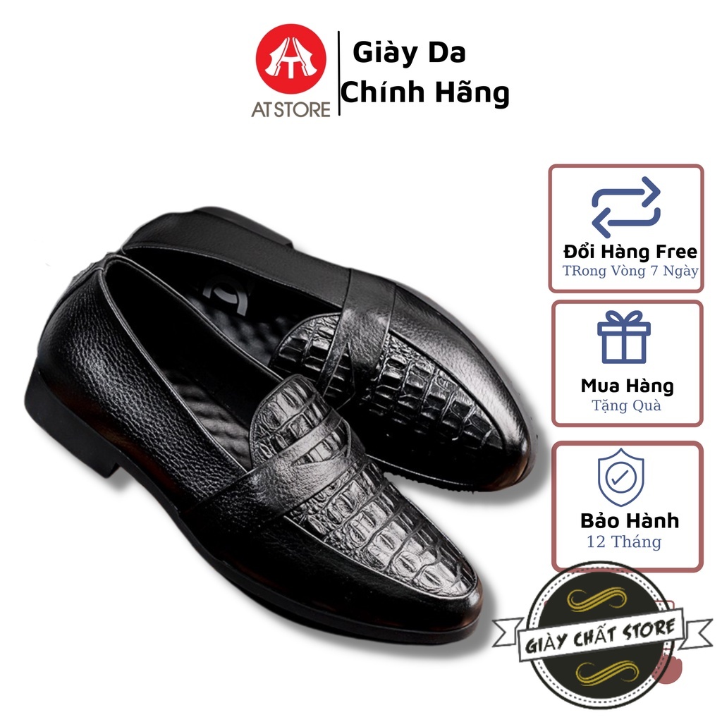 Giày da nam - Giày lười da nam công sở - Giày da nam công sở dập vân cá sấu - Đế cao su khâu cao 3cm, Mã V56
