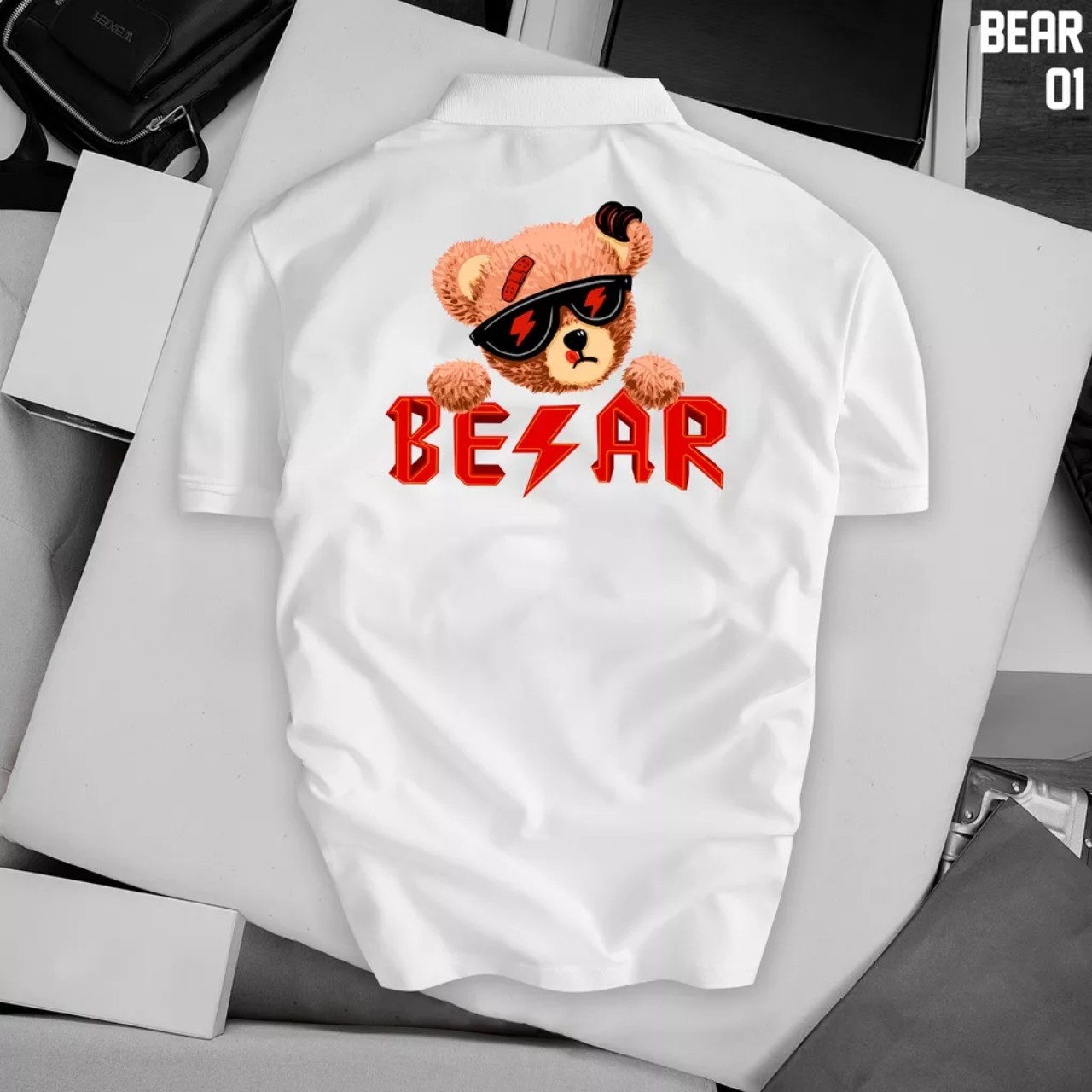 Áo thun cổ trụ cổ bâu GẤU BEAR(VẢI DA CÁ) - AOTHUNSN