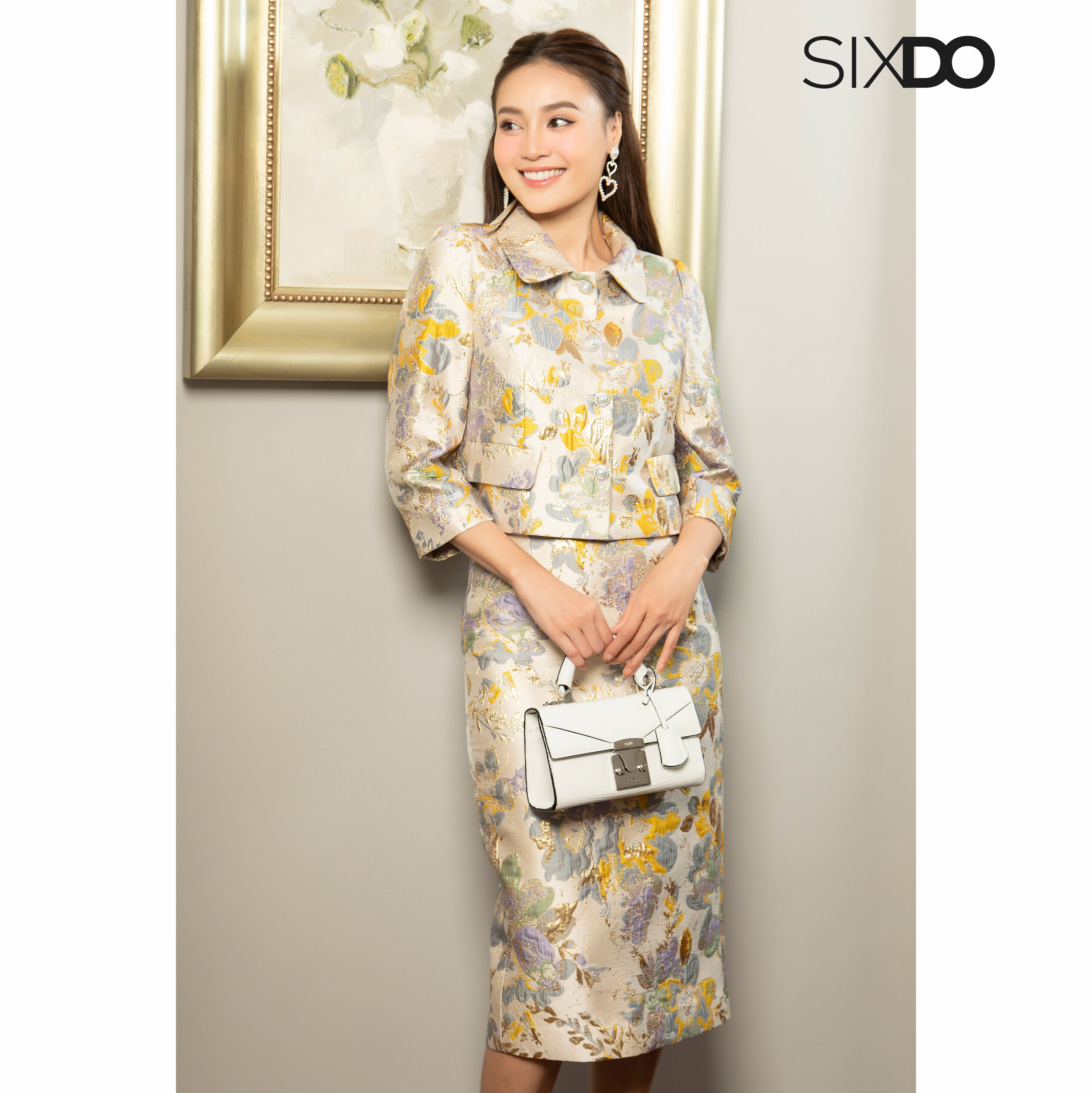 Chân váy gấm họa tiết hoa SIXDO (Sky Rose Midi Brocade Skirt)