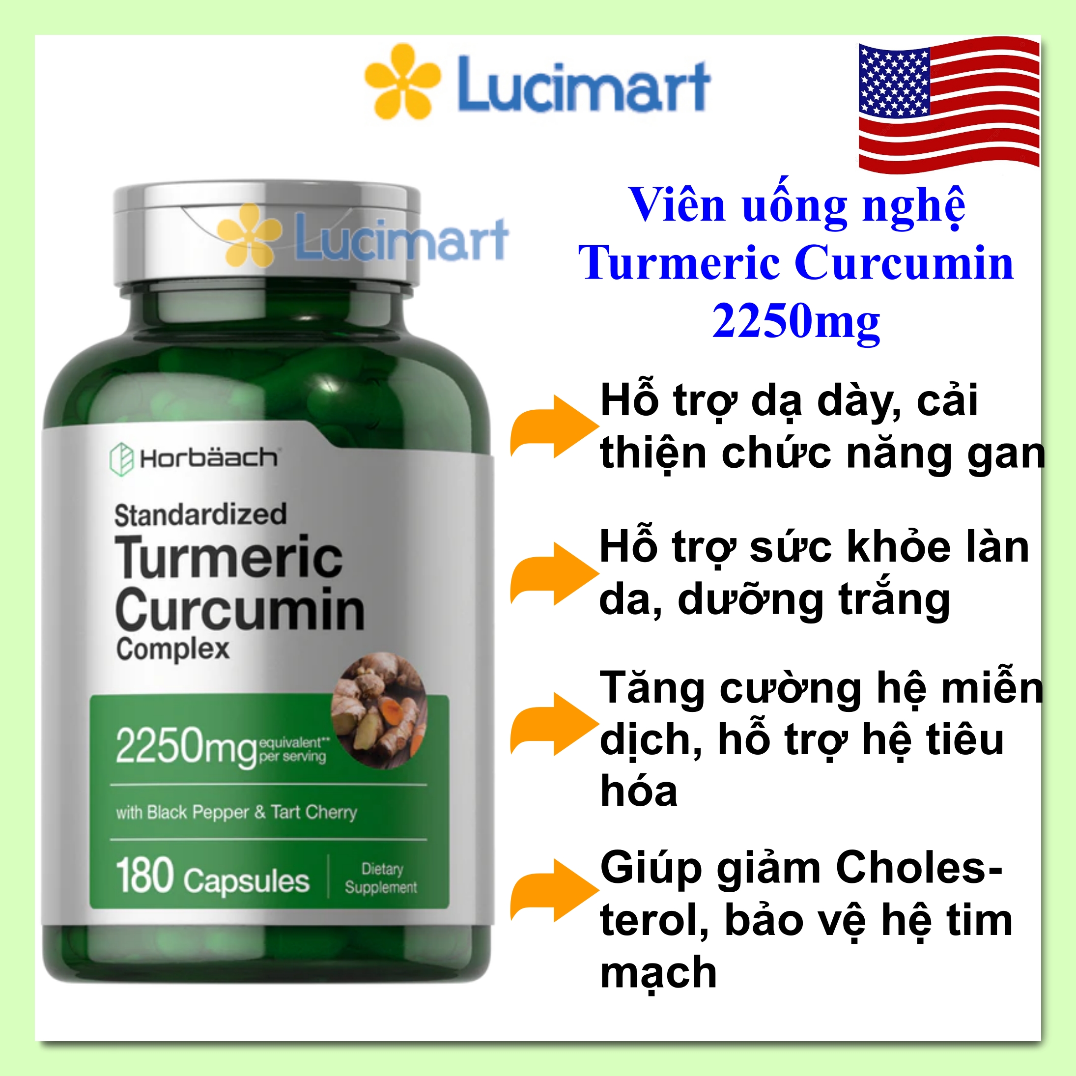 [HCM]Viên uống tinh bột nghệ Turmeric Curcumin 2250mg hộp 180 viên nang [Hàng Mỹ]