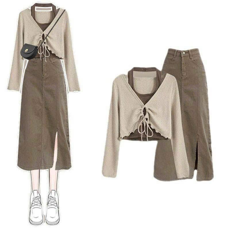 Set 3 món áo hai dây thun croptop, áo khoác thun gân cột dây và chân váy midi kaki xẻ tà