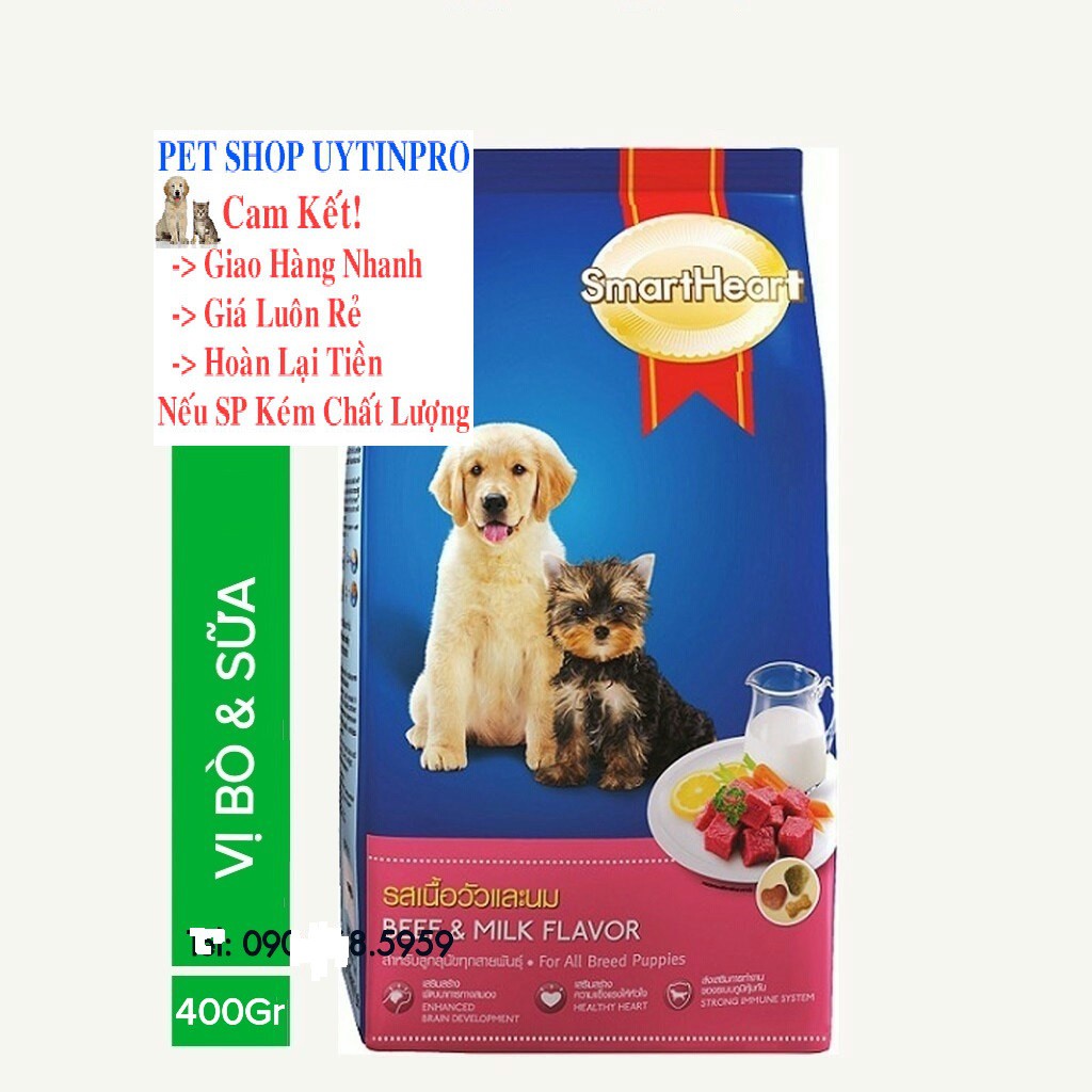 [Hoàn tiền 10%]  THỨC ĂN CHÓ CON SmartHeart Vị Thịt Bò và Sữa Gói 400g Xuất xứ Thái Lan - Pet shop Uytinpro