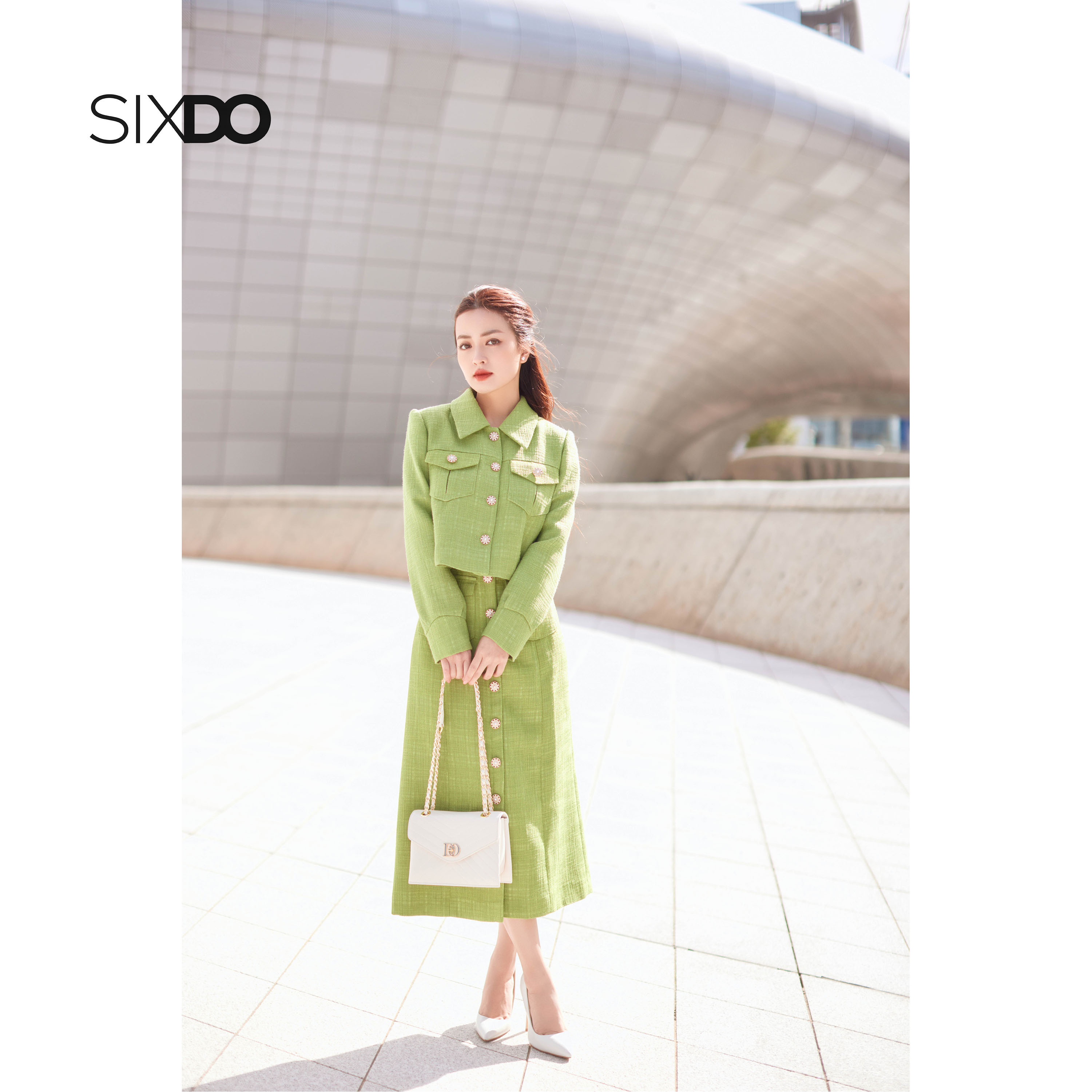 Áo Vest nữ tweet xanh dáng lửng SIXDO (Green Nuggets Cropped Tweed Vest)
