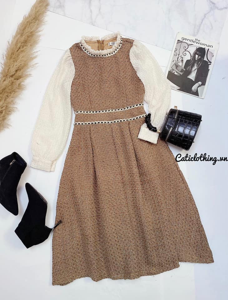 Đầm dạ tweed phối viền nhiều màu A1829