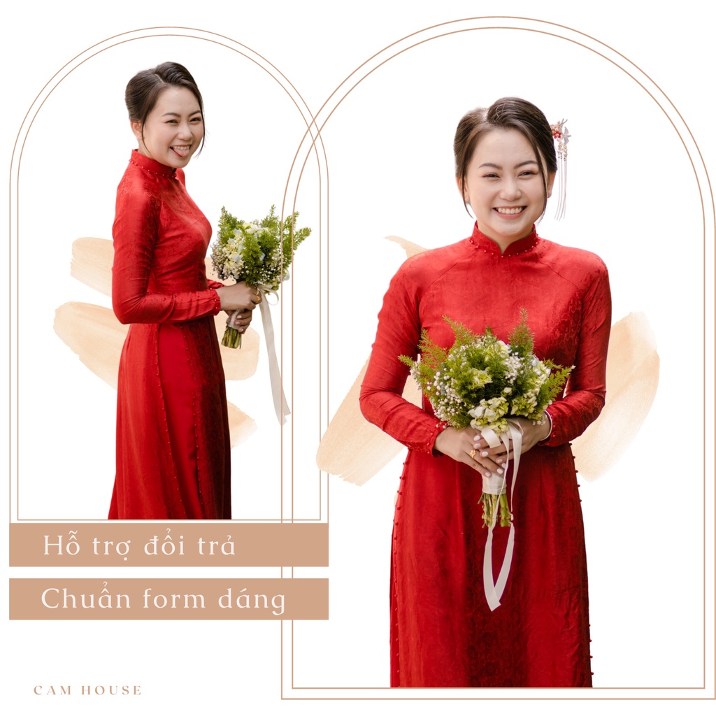 Áo dài cưới [Cam House] chất liệu gấm, đính ngọc trai đỏ