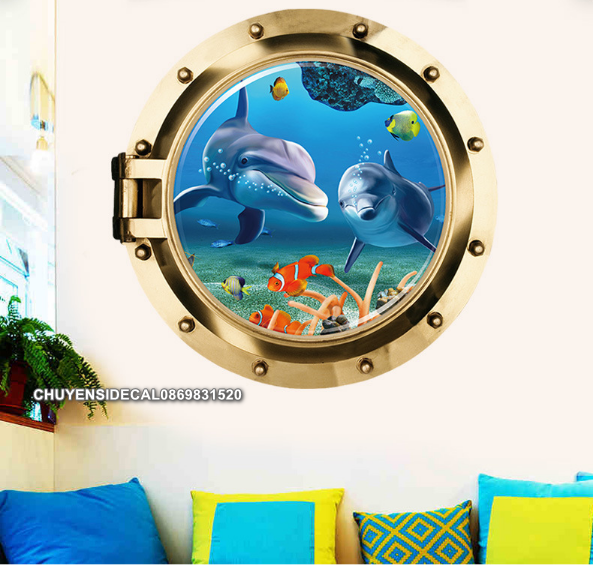 [HCM]Decal trang trí tường - Cửa sổ tròn 3D Cá Heo
