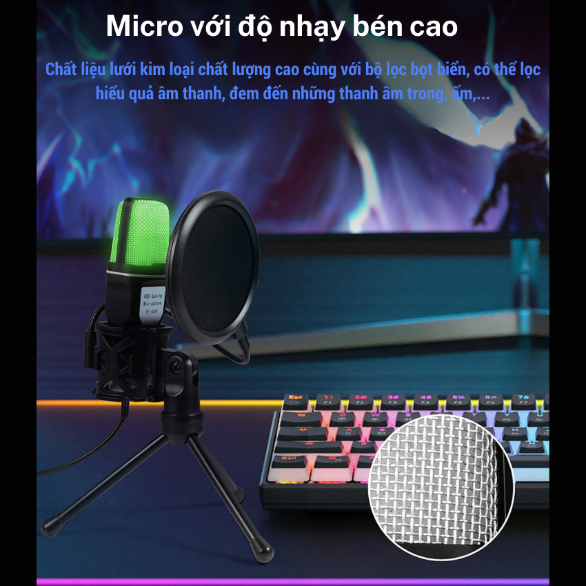 Micro Thu Âm USB, Mic thu âm có dây, Độ Nhạy Cao Tích Hợp Led RGB, Mic Thu Âm Livestream Có Màng Lọc Tạp Âm, Chân Đỡ Để Bàn