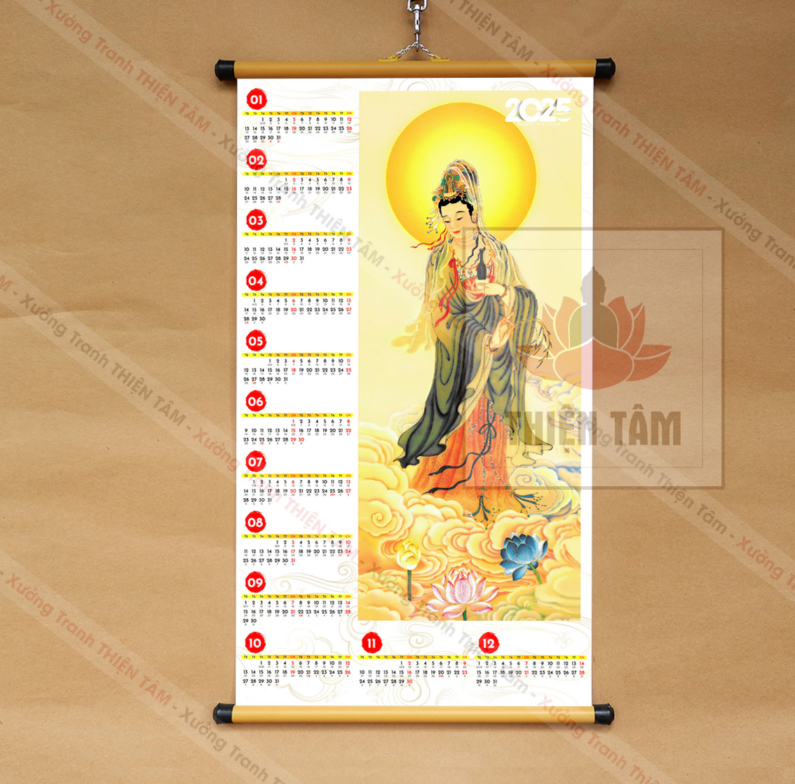 Lịch Phật Giáo 2025 kích thước 40x70cm bằng vải bóng cao cấp, dày dặn (có ngày âm lịch)