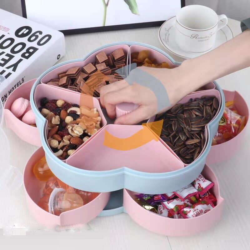 Khay đựng mứt kẹo tự xoay hình cánh hoa kiểu 2 tầng thế hệ mới tết 2019