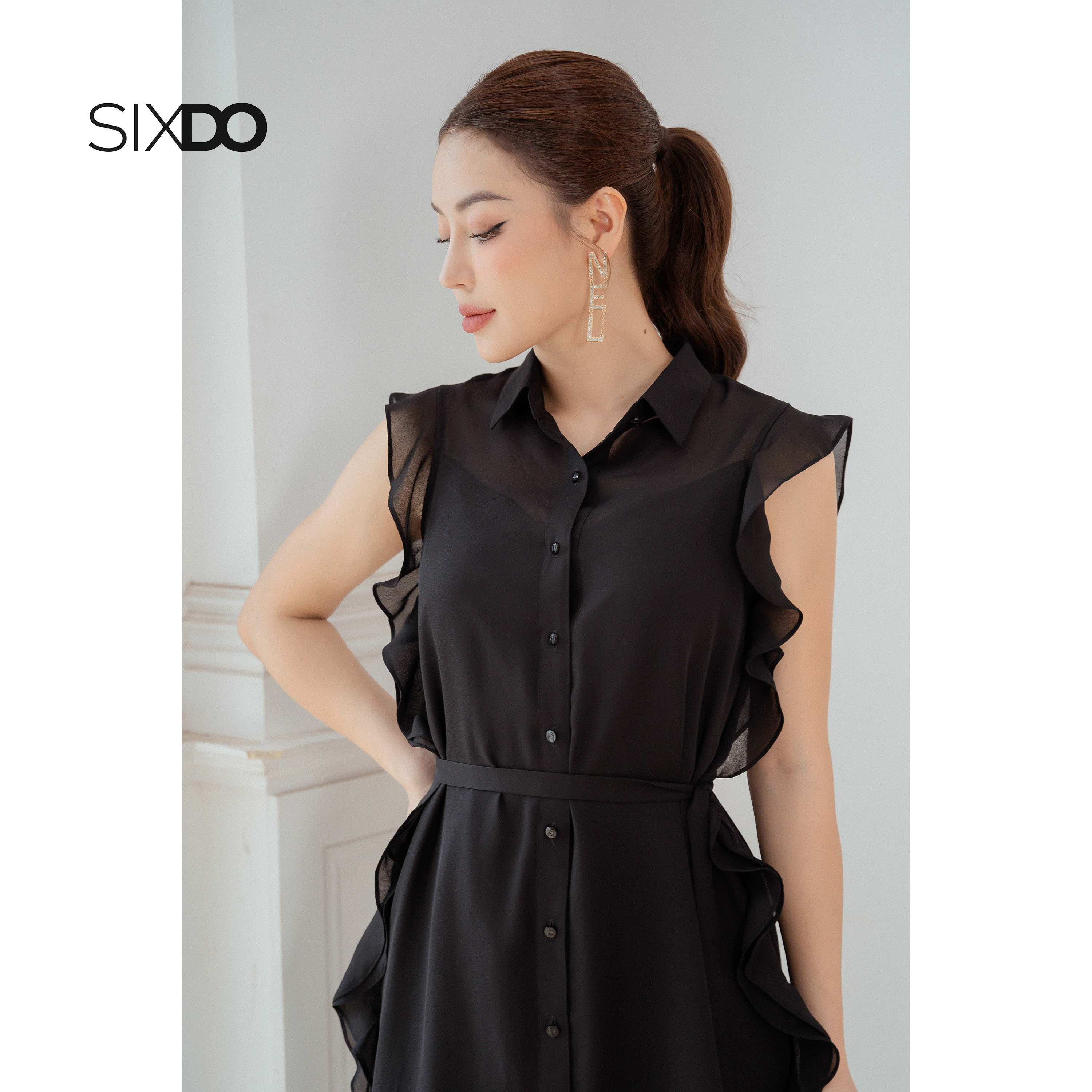 Đầm sơ mi sát nách SIXDO (Black Straight Midi Chiffon Dress)