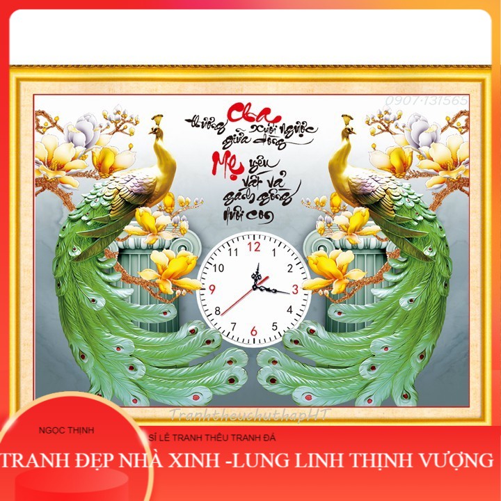 Tranh đính đá, Tranh thêu chữ thập Đồng hồ Cha Mẹ 2 con công VS064, LV157, LV3157 - tự đính, tự thêu NGỌC THỊNH