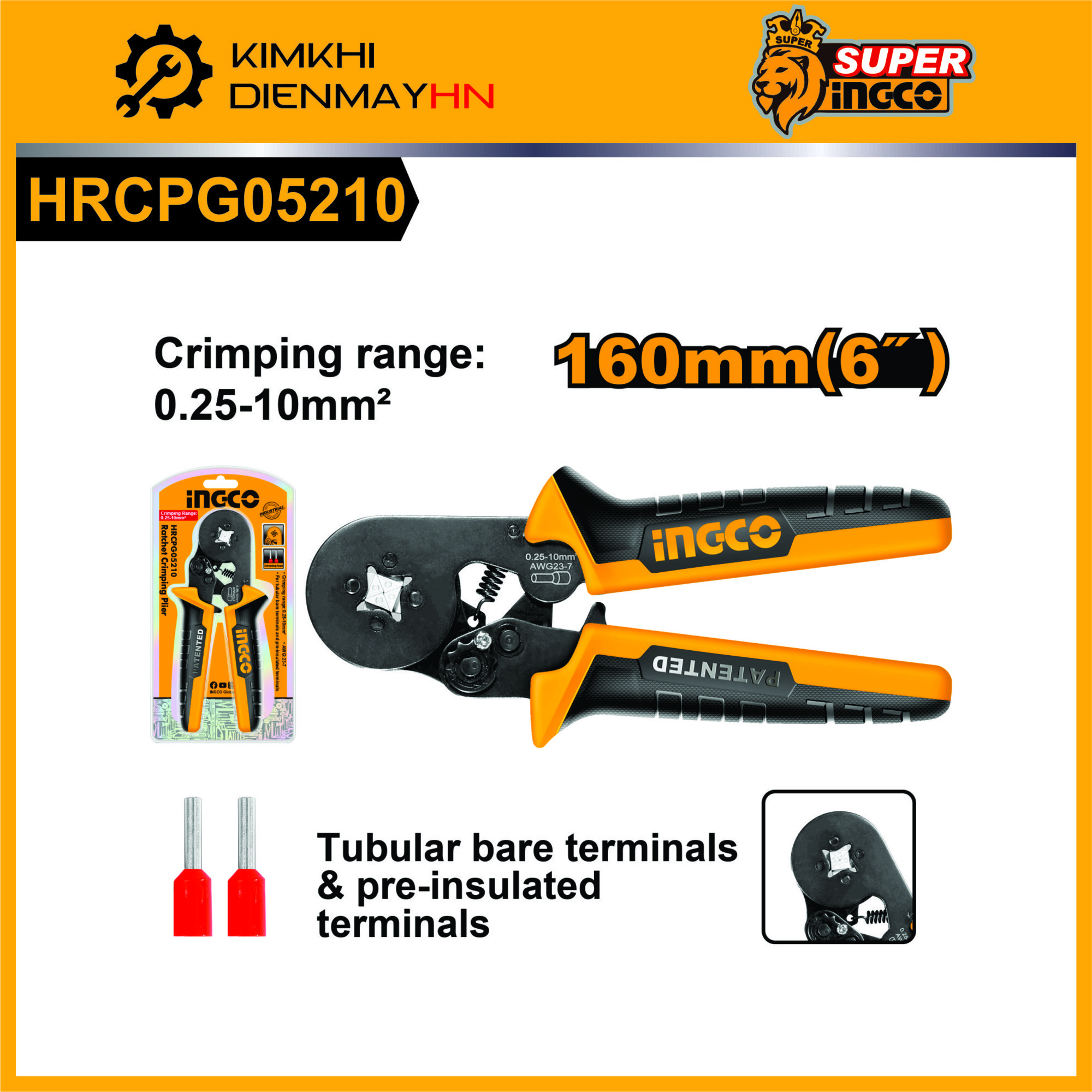 Kìm bấm cos dây điện 0.25-10mm2 ingco hrcpg05210