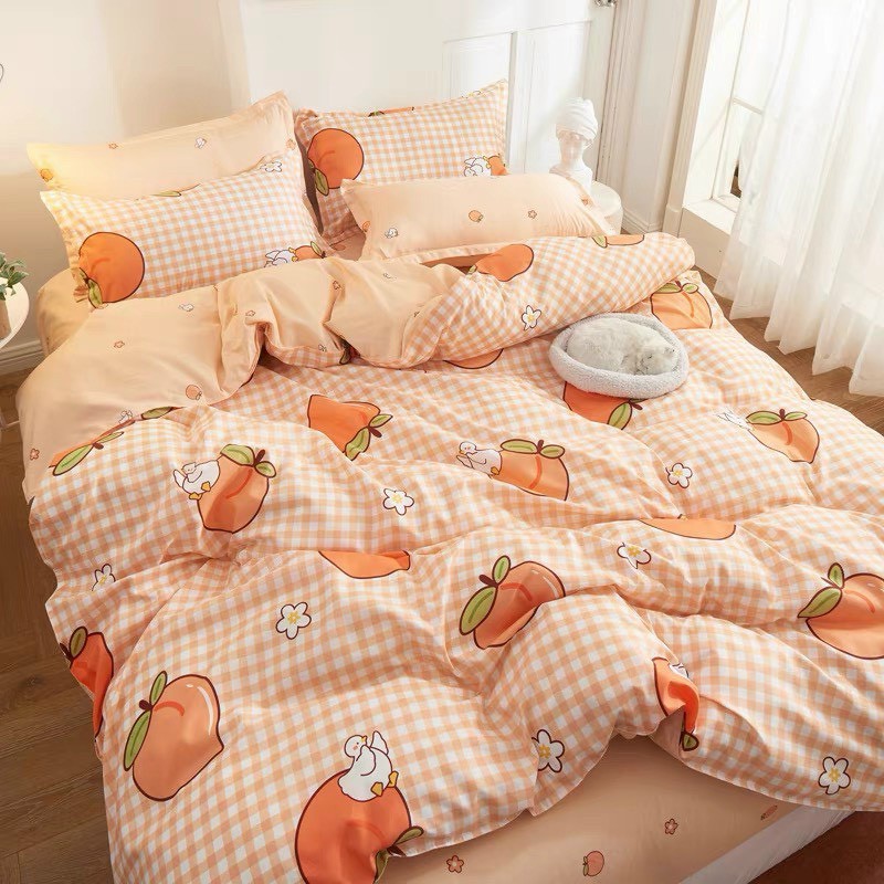 [ XẢ KHO ] SET 5 món Cotton Poly nhập khẩu (Cam Đào Caro )--- miễn phí bo chun drap ga giường