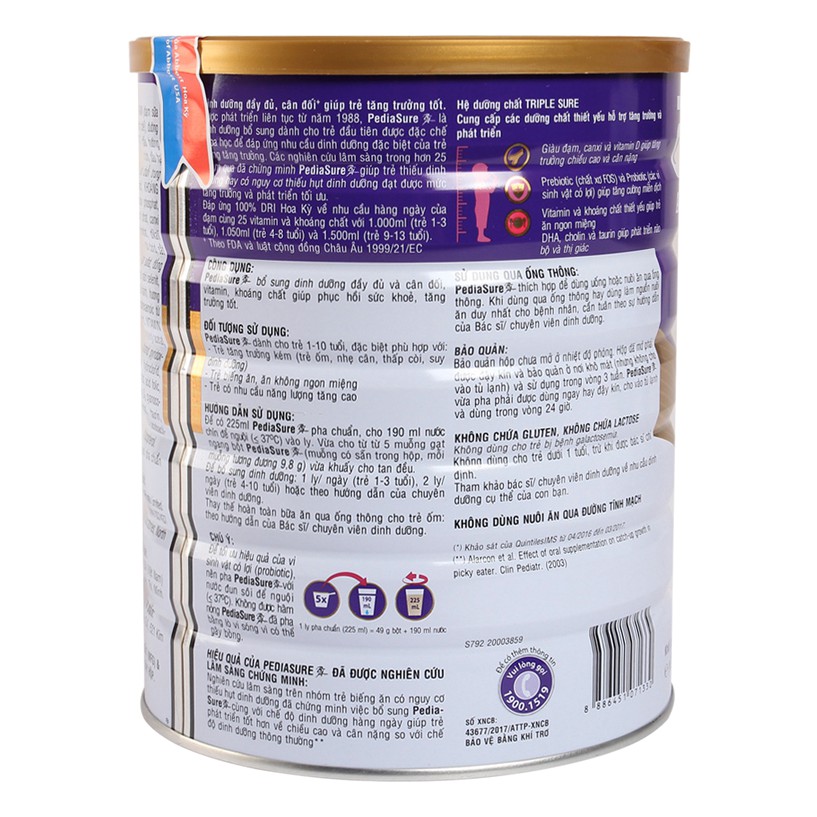 [HSD T3-2026] Sữa Bột Pediasure B/A Hương Vani Ít Ngọt - Lon 1.6kg.