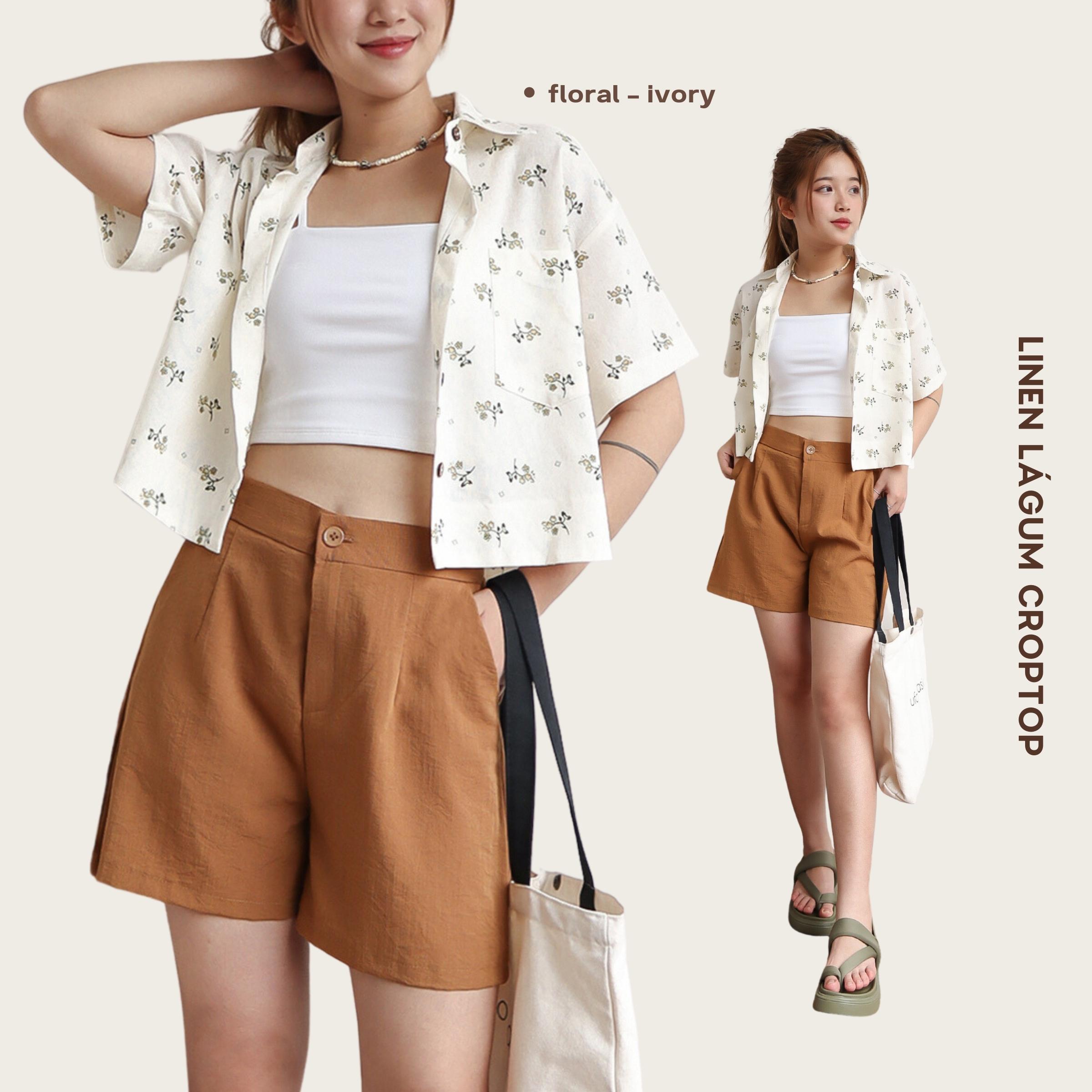 [Nhập LAZLOOK99 GIẢM 100K/500K] Áo sơ mi linen bột dáng lửng freesize - Lágum Croptop - by ufo.thebasic
