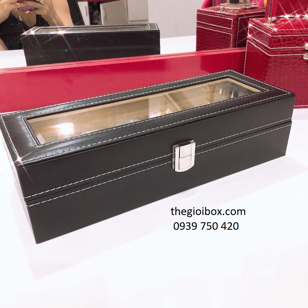 Hộp Đựng Đồng Hồ 6 Ngăn Vỏ Da Có Nắp Kính Chống Bụi Cao Cấp