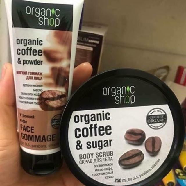 Combo Tẩy Tế Bào Chết Organic Shop Caffe Dành Cho Mặt Và Body chiết xuất hoàn toàn thiên nhiên và đặc biệt mỹ phẩm nội địa Nga theo cơ chế dưỡng khỏe da, trắng lên 1 cách từ từ, khỏe mạnh chứ ko gây hại.