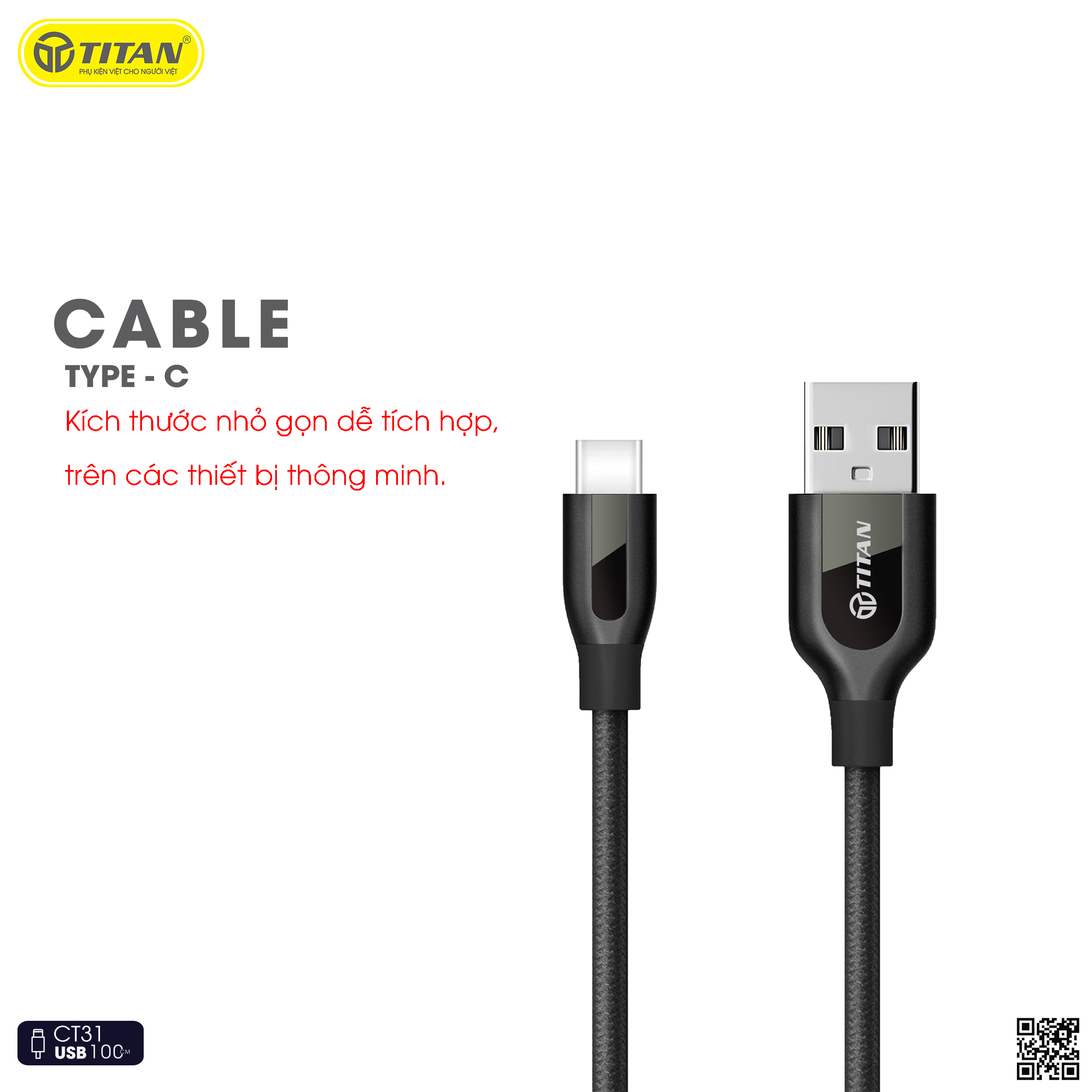 Cáp sạc TITAN CT31 dây dù 1m chân Type C sạc nhanh cho android (BẢO HÀNH 12 THÁNG)