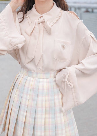 Women Plain Shirt with Tie Cherry Blossom Embroidery Adjustable Bud Cuffs Student Top Jacket 2021 Early Spring Shirt Female Student Combination Clothing