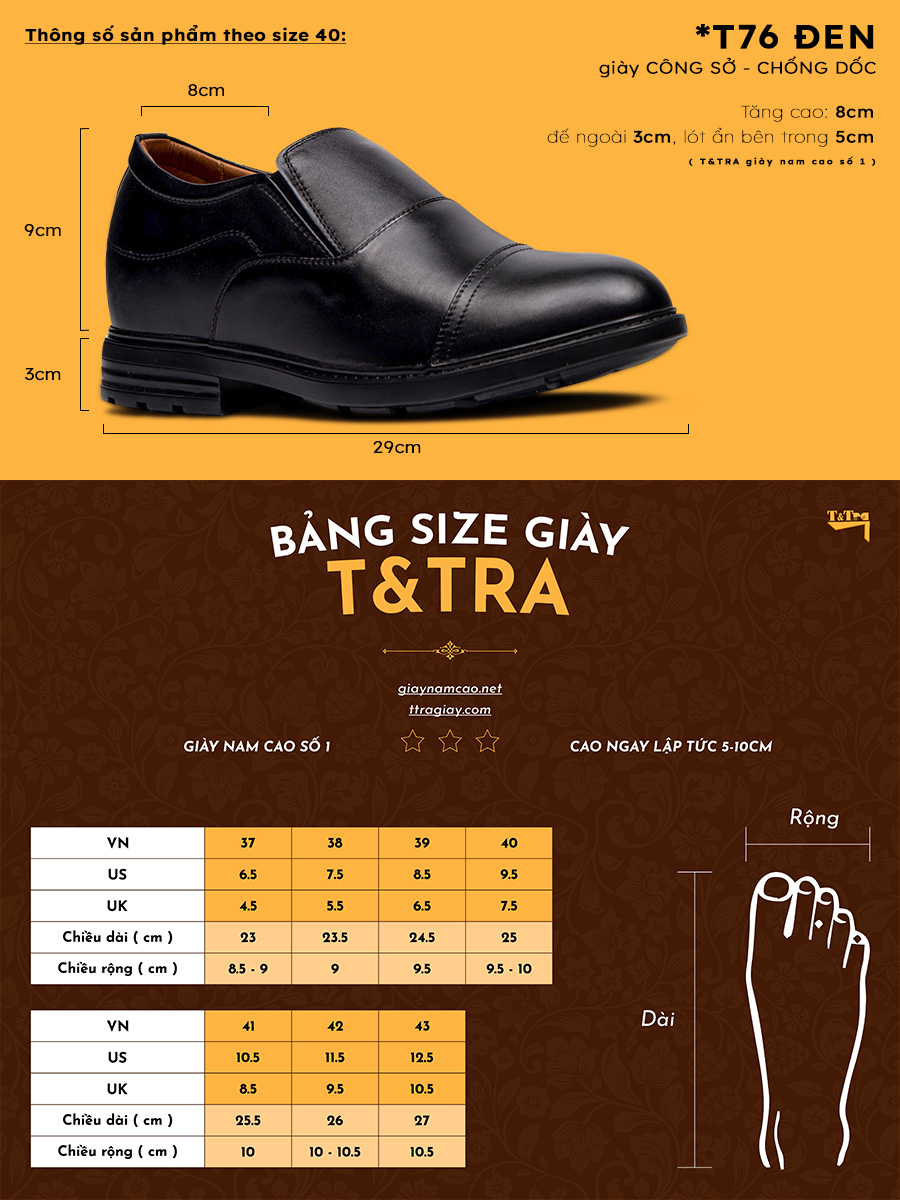 [ 8CM ] Giày Độn Nam T&TRA T76 Đen