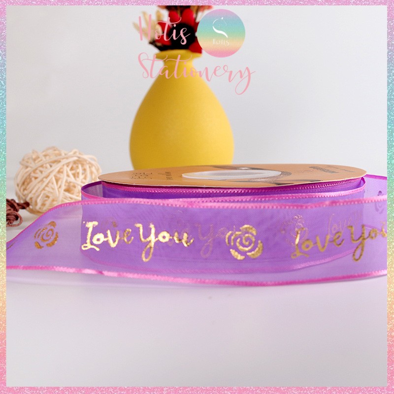 Ruy băng lưới Love You hoa hồng dập nổi vàng kim - Rộng 2.5cm