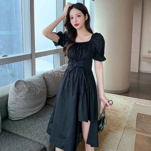 Váy nữ cổ vuông lệch tầng mặc 2 kiểu dáng xòe vintage/ Đầm suông dáng dài đan dây eo xinh xắn - kudoshop