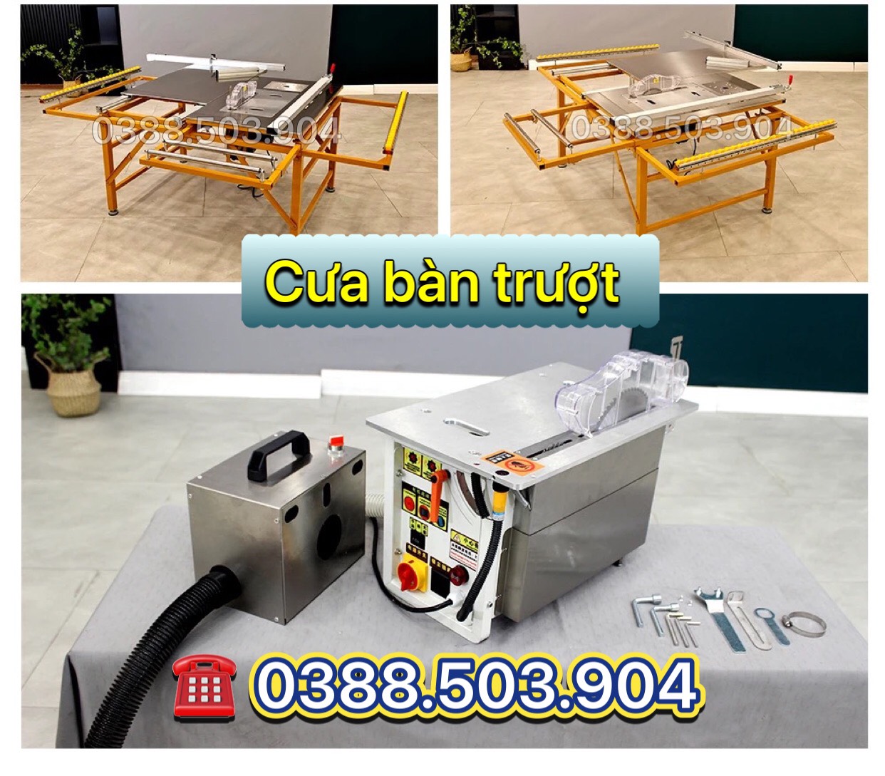 Cưa bàn trượt mini 2 lưỡi, có gắn máy hút bụi