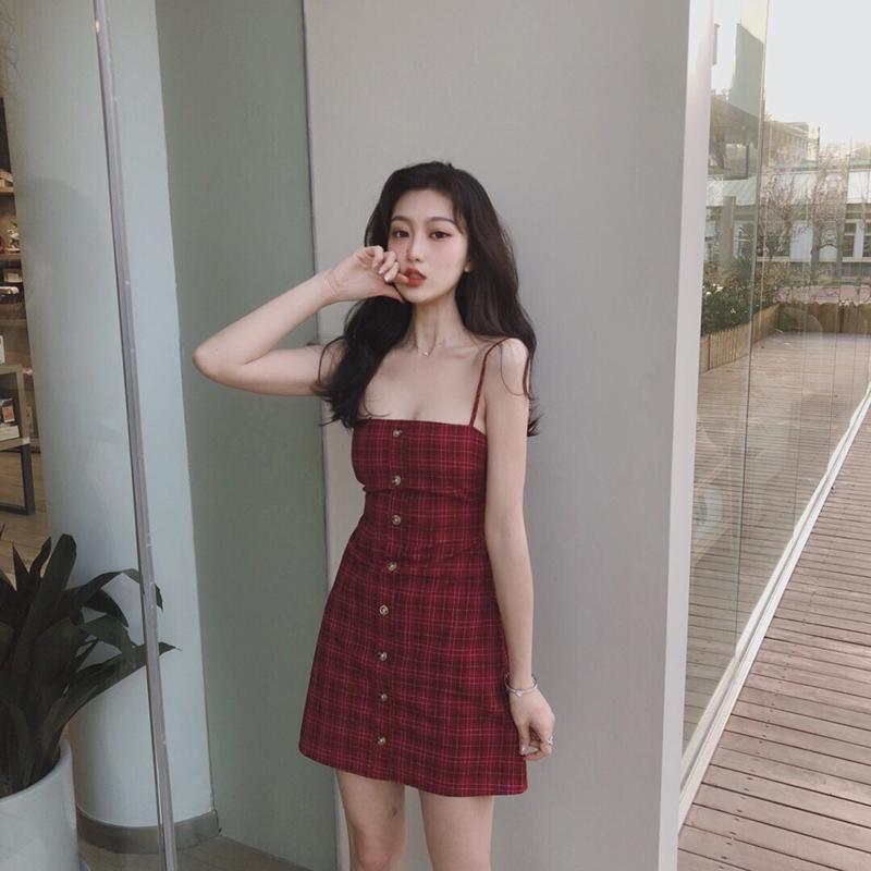 [HCM] Bộ váy caro 2 dây màu đỏ