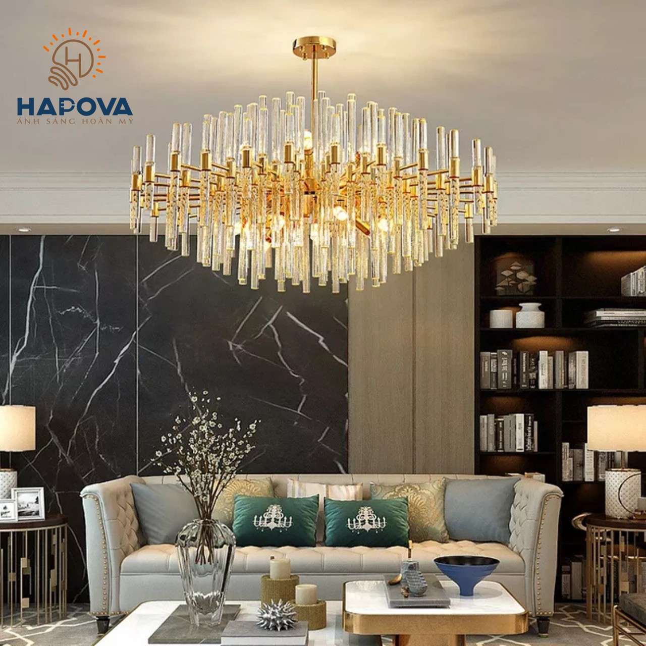 Đèn treo phòng khách pha lê cao cấp hapova larys 0967 kích thước 800mm + tặng bóng e14
