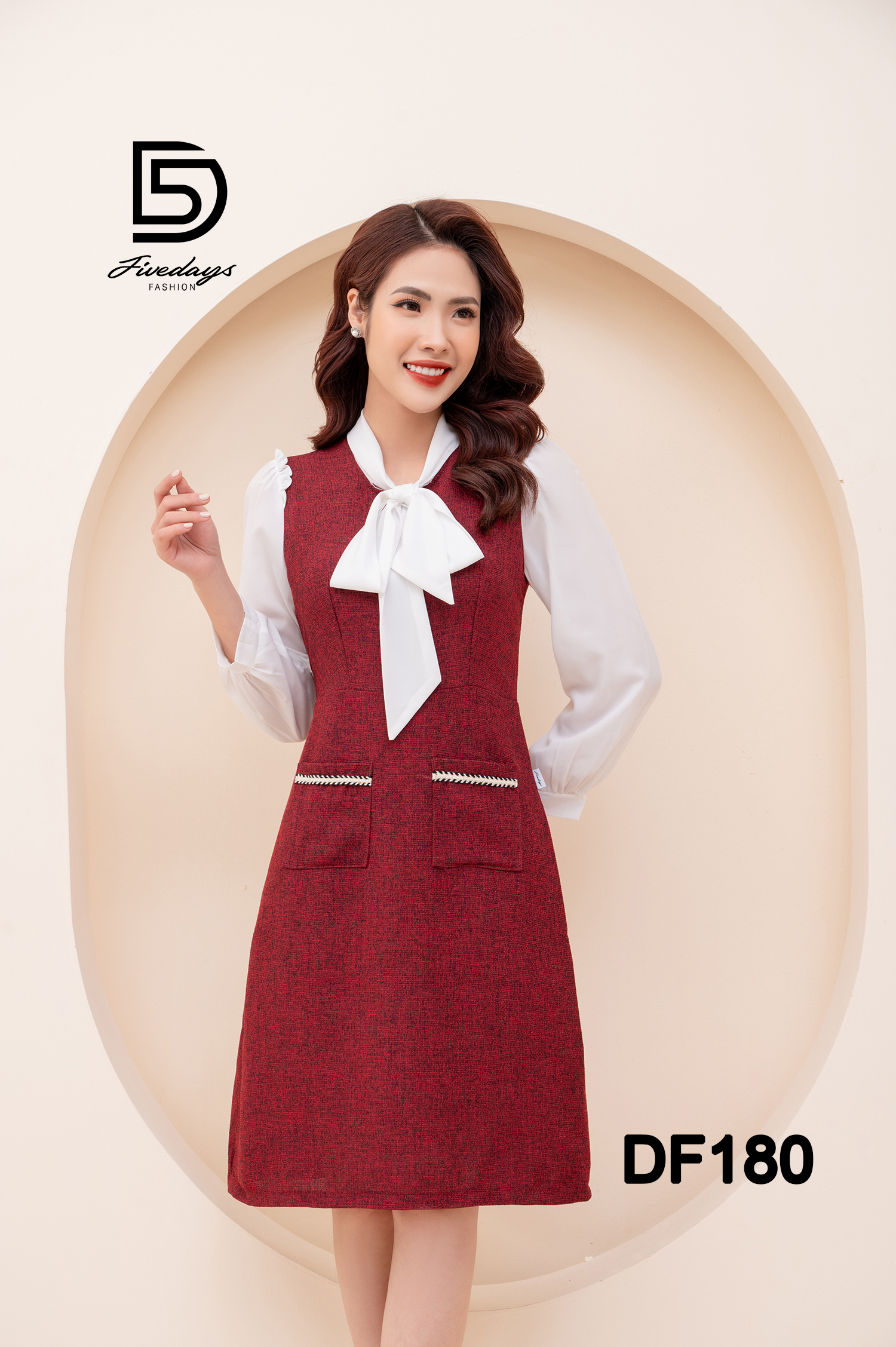 Đầm dạ dáng A cổ nơ FIVEDAYS