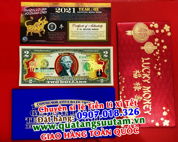 Tiền 2 USD Hình Con Trâu 2021 với chất liệu tiền thật 100% được in hình chú Trâu bằng lớp keo phản quang, kích thước 16x8cm