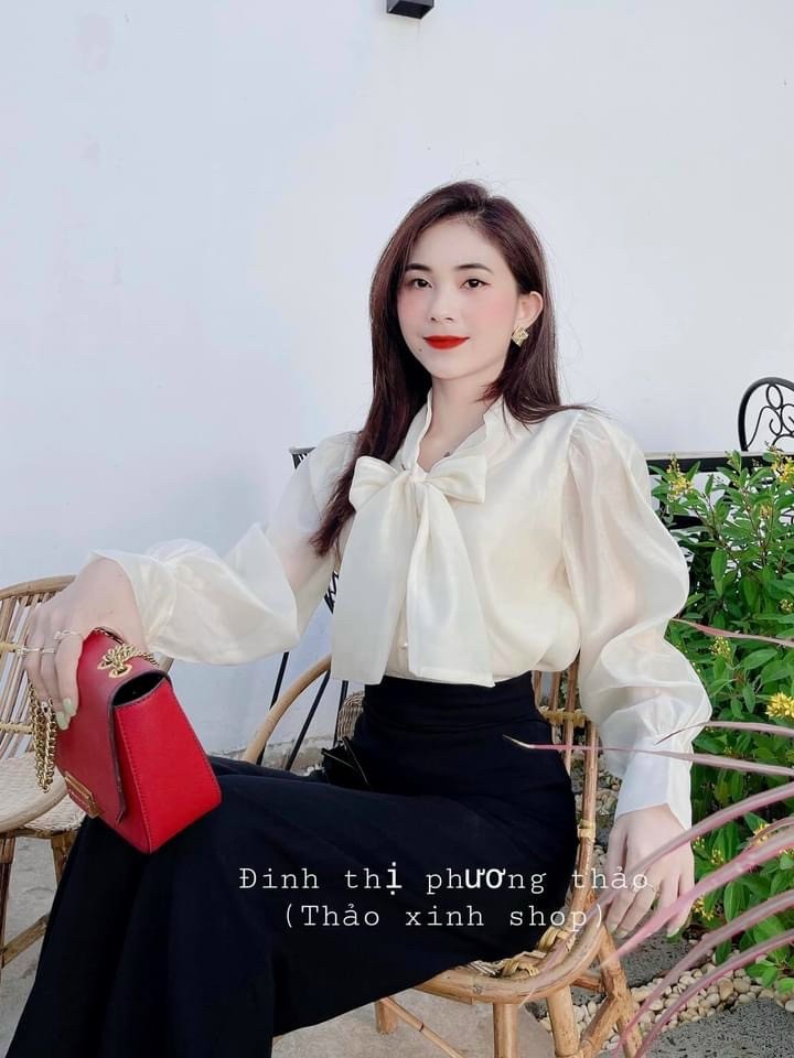 Áo sơ mi nữ cột nơ voan tơ kim cao cấp
